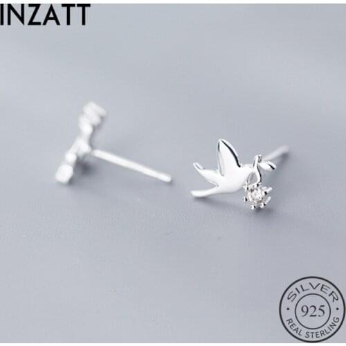 INZATT Real 925 Sterling Silver Asymmetry Bird Flower Stud Earrings For Fashion Women Party Cute Fine Jewelry Accessories 2019