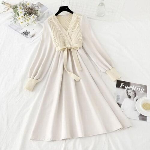 2020 Autumn Winter Elegant Knitted Patchwork Women Dress Long Sleeve V-neck Bow A-line Vintage Corduroy Dresses With Belt