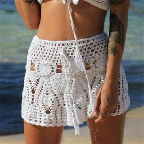 Women Crochet High Waist Bikini Skirt Sexy Hollow Out Flared Bikini Cover up School Girl DressBeach Dress Womens Swimsuits