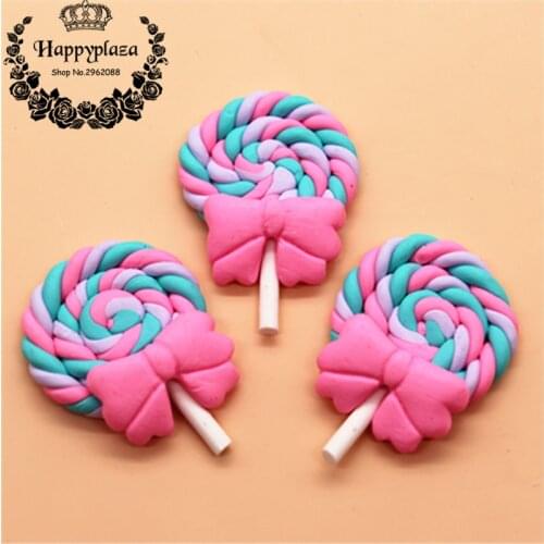 10pcs Kawaii CLay Pastel Pink+Green+Purple Swirl Handmade Lollipop Miniature Food Art Supply DIY Craft Decoration,28*38mm