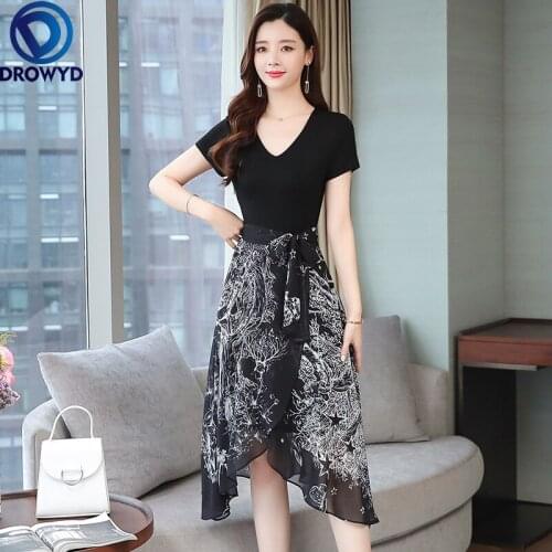 2021 Elegant Black Print Chiffon Midi Dresses Summer New Plus Size Vintage Runway Short Dress Women Bodycon Party Dress Vestidos