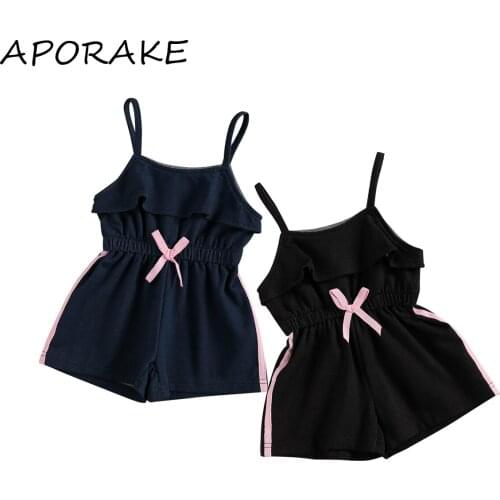 2021 0-3Y Summer Kids Baby Girls Jumpsuit Sleeveless O Neck Bow Striped Drawstring Tunic Romper One Piece Outfit