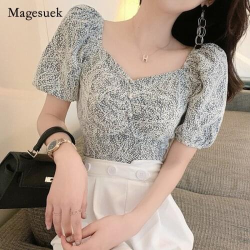 2021 Puff Sleeve Lace Bandage Hollow Short Tops New Summer Women Shirt for Women Vintage Print Square Collar Blouse Blusa 14429