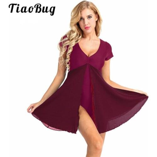 TiaoBug Women Mesh Splice Ballet Tutu Leotard Dress Fairy Ballerina Stage Practice Dance Costume Gymnastics Leotard Gym Bodysuit