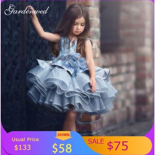Glitter Princess Flower Girl Dresses Blue Tiered Ruffles Girls Pageant Dresses Flowers Appliques Ball Gown Wedding Party Dress