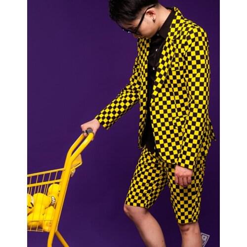 Yellow Plaid Blazer Shorts Jazz Dance Clothing for Men Nightclub Bar Performance Clothes Male Hip Hop Costumes Streetwear XS2158
