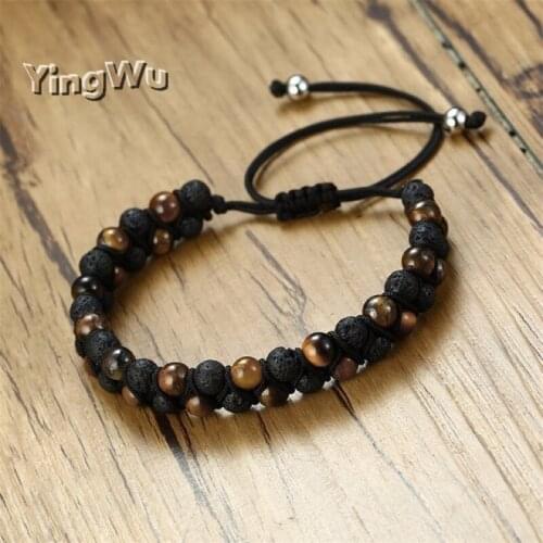 Yingwu Handmade Double Row Bracelets for Women Men Natural Beads Energy Lava Stones Beaded Bracelet Holiday Pulseira