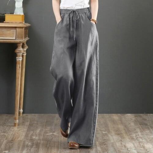 Cotton Linen Wide Leg Womens Pants 2021 Spring High Waist Solid Drawstring Loose Ankle-length Large Trousers For Female