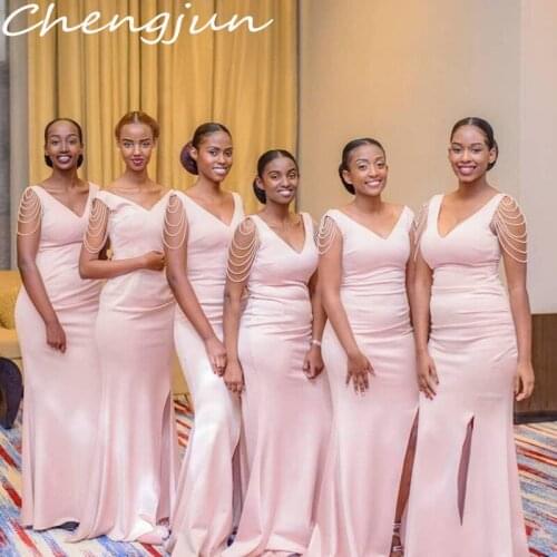 Chengjun Elegant Custom Pink V Neck Long African Bridesmaid Dresses