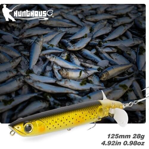 Hunthouse Popper Fishing Lures Rotating Tail Floating Bait Top Water Rotating Tail 125mm 28g Freshwater Black Bass Pike Tackle
