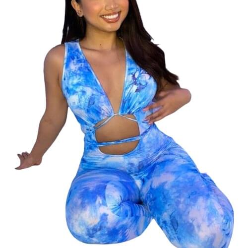 Summer Women Close-fitting Sexy Jumpsuit Tie-dyed Printed Pattern Deep V-neck Sleeveless Romper Purple Blue