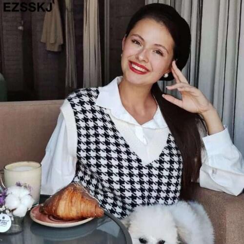 Fashion oversize Houndstooth sweater vest women 2021 autumn winter women female v-neck sweater top