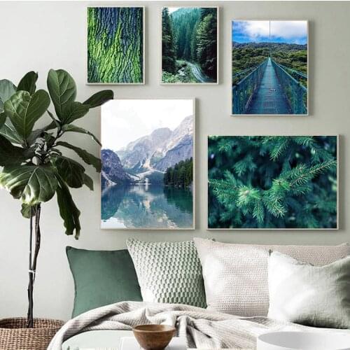 Mountain Lake Forest Bridge Nature Scenery Scandinavian Poster Nordic Decoration Landscape Print Wall Art Canvas Painting