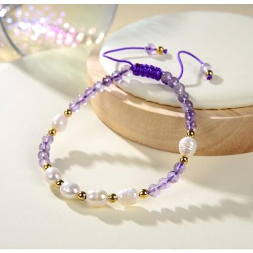 Natural Freshwater Pearl Bracelet & Bangle for Women Beads Amethysts Exquisite Bracelets Adjustable Ornament Jewelry 18cm B417