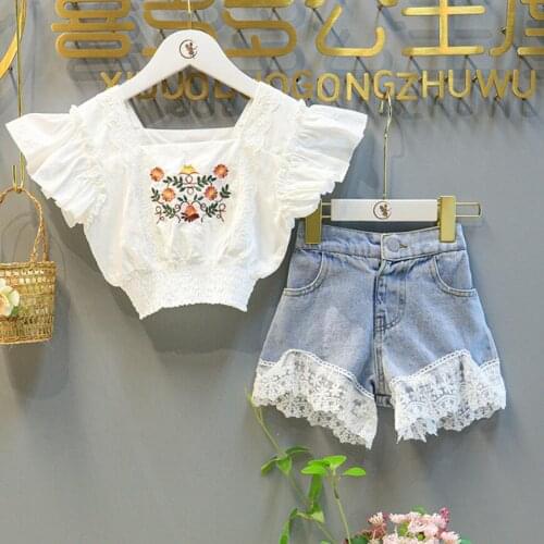Baby Girl Clothes Fashion Embroidered Top And Jean Shorts 2Pcs Set For 3-8 Years Girls Summer Clothing Set