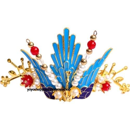 Luxury handmade Chinese retro Cloisonne Phoenix crown hair crown suit Martial arts fairy headdress Pearl shell hairpin clip