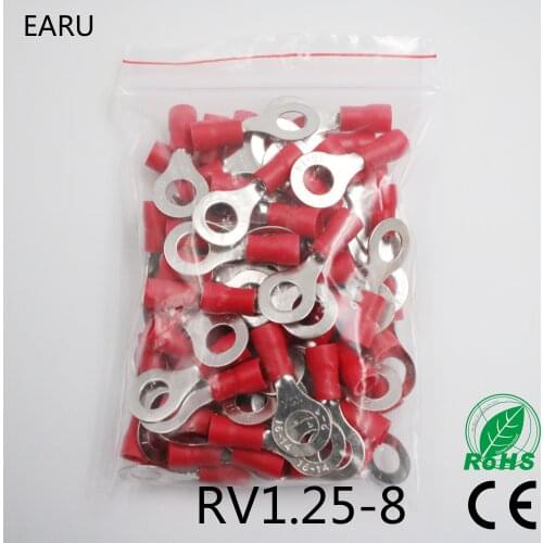 RV1.25-8 Red Circular 22-16 AWG 0.5-1.5mm2 Insulated Ring Terminal Connector Cable Wire Connector 100PCS/Pack RV1-8 RV