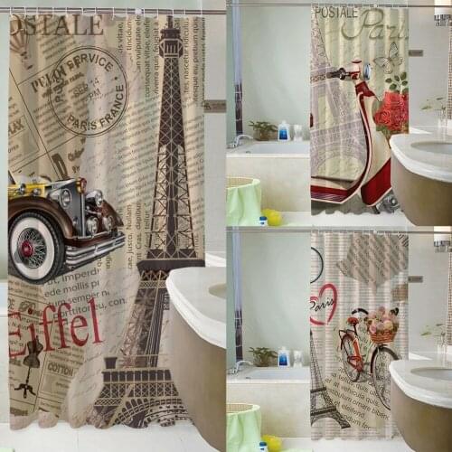 Retro Paris Tower Polyester Shower Curtain 3D Printed Waterproof with 12 Hooks