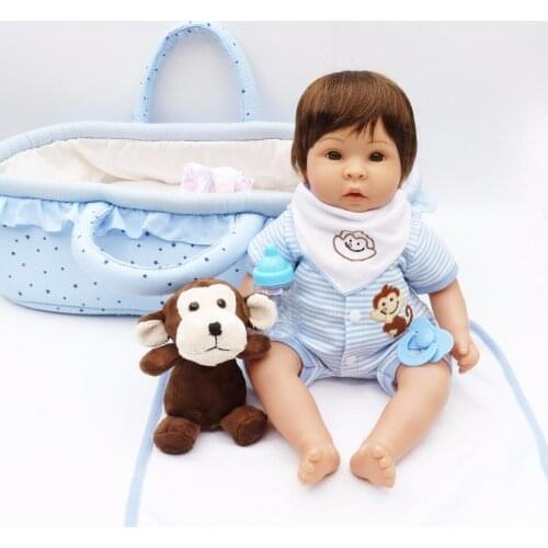 Bebes reborn silicone baby dolls toys 17"45cm reborn babies boy with blue sleeping basket monkey plush child birthday gift toys
