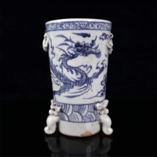 Jingdezhen Blue And White Porcelain Round Pen Container Zodiac Dragon Painting Three-foot Double Ears Pen Container