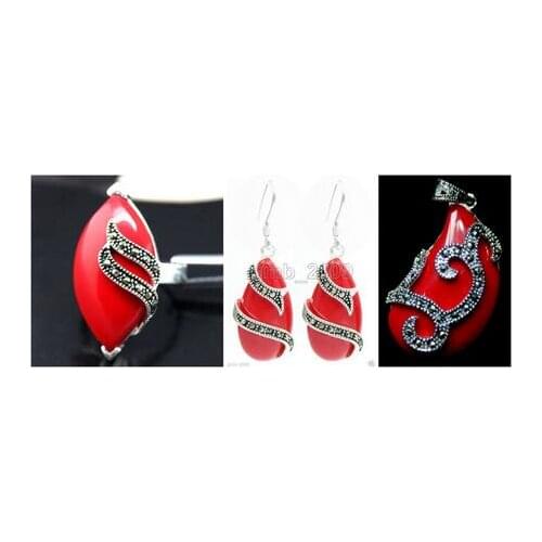 Unique Red Coral Carved Lacquer Marcasite 925 Sterling Silver Ring(#7-10) Earrings & Pandent jewelry sets