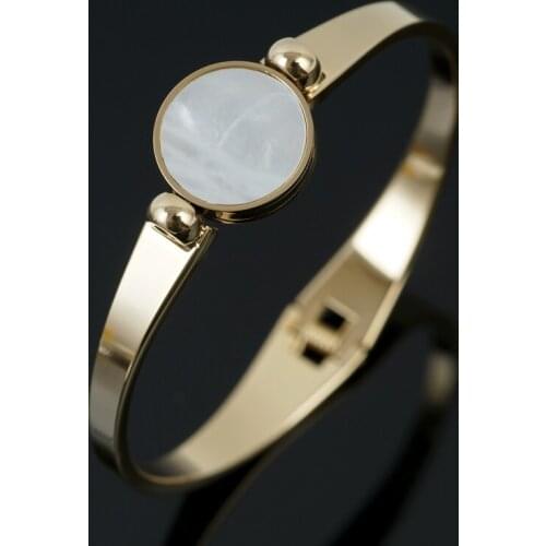 Vintage Round White Shell Spring Bracelet For Men Women Stainless Steel Simple Style Punk Gold-plated Mens Bangles Jewelry Gift