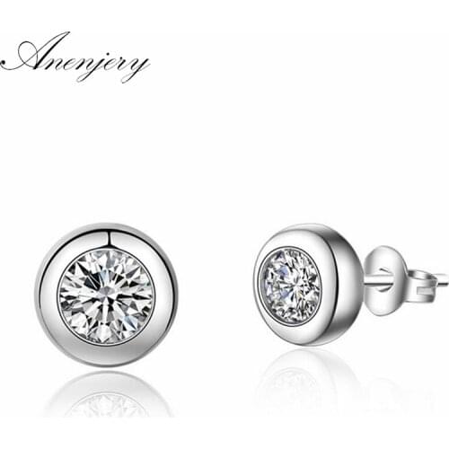 ANENJERY 925 Sterling Silver Simple Fashion Zircon Dot Stud Earrings For Women Girl Gift pendientes S-E460