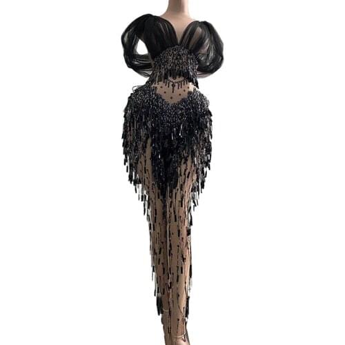 Women Sexy Mesh Jumpsuit Nightclub DJ Singer Stage Costume Sequins Tassel Bodysuit Gogo Performance Clothes Rave Clothes VDB3835