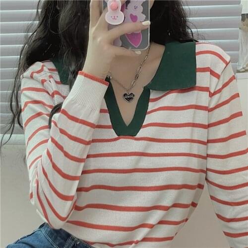 Harteen Spring Autumn New Korean Fashion Striped Sweater Female Long Sleeve Women Clothes All Match Femme Top Turn-Down Collar