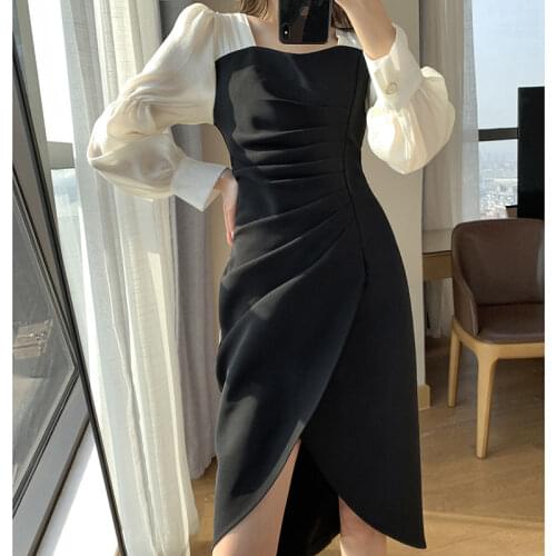 Black Dress Elegant Long Sleeve With White Collar Women 2021 Office Lady Puff Sleeve Square Collar Flounced Edge Sexy Vestidos