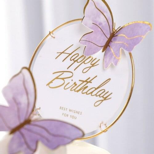 Gold Iron Art Round Acrylic Cake Toppers Happy Birthday Party Cake Decorations Home Baking Cupcake Topper Party Decor Supplies