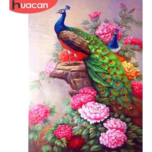 HUACAN Diamond Painting Animal Peacock Diamond Embroidery Mosaic Peony Kits Full Drill Home Decoration Wall Art
