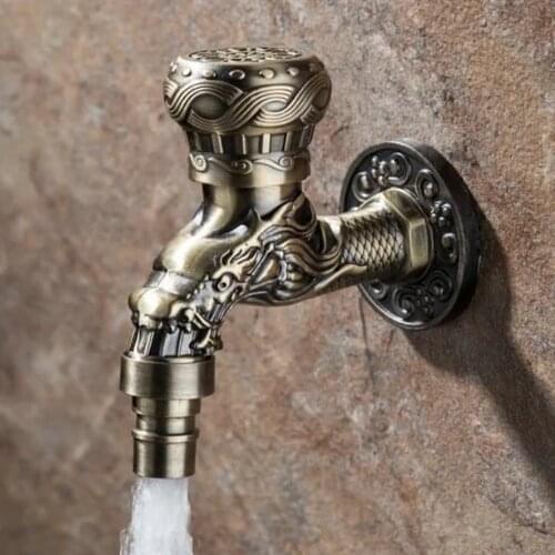 Antique Bronze Bibcock Zinc Alloy Carved Wall Mount Washing Machine Small Tap Faucet Decorative Outdoor Garden Sink Accessories