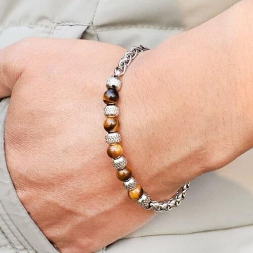Adjustable Stainless Steel Bracelet Chain Beaded Tiger Eye Stone Bracelet Womens Bracelet Jewelry Mens Accessories