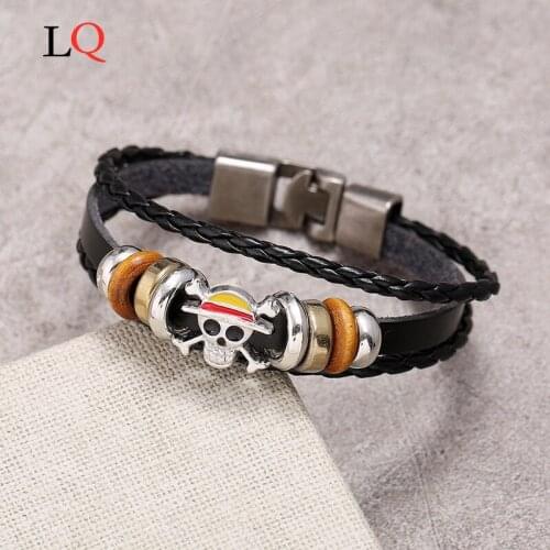 Bracelets For Men Fashion Punk Vintage Stainless Steel Skeleton Gothic Skull Cuff Bangle Genuine Leather Bracelets for Man Gift