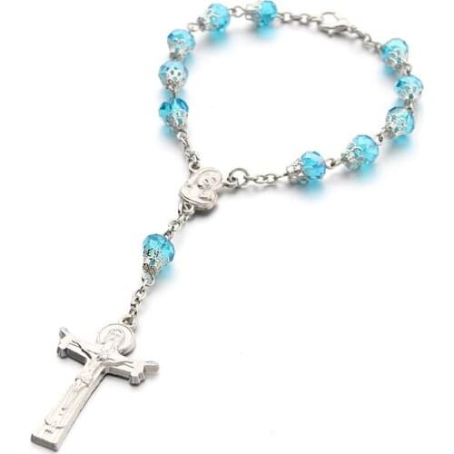 Catholic Religious Bead Cross Bracelets Rosary crystal beads Heart of Mary Mercy Jesus Saint Icons Jewelry