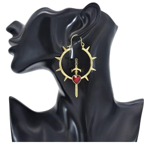 European And American Fashion Retro Earrings Sun Sword Shape Green Red Inlaid Gemstone Metal Round Geometric Earrings Jewelry