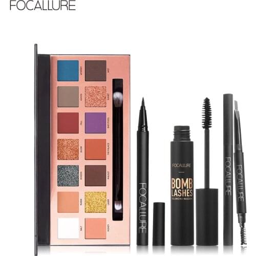 FOCALLURE 4pcs Makeup Sets include 14 colors Eyeshadow Eyebrow Eyeliner Mascara Cosmetic Kit