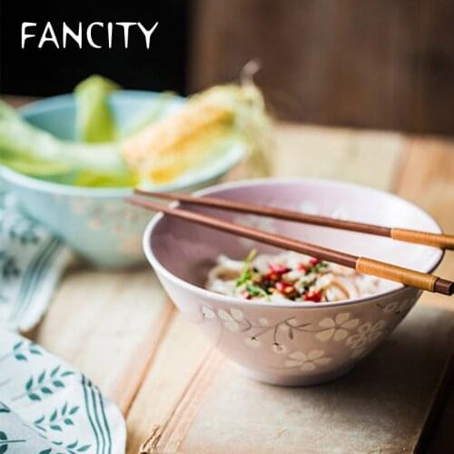FANCITY Fresh Japanese-style kasa-shaped ceramic noodle bowl, soup bowl, hand-painted underglaze creative noodle bowl, ramen