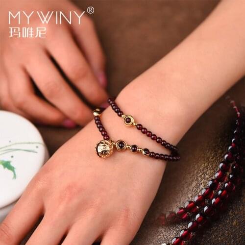 Chinese ethnic elastic bracelet jewelry, Multi layers stones Natural garnet vintage bracelet,handmade lucky bell bracelet