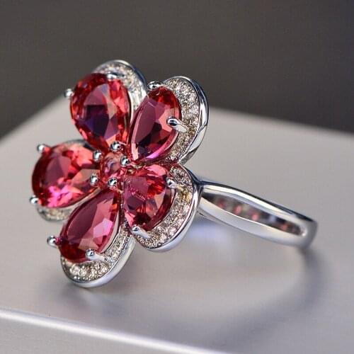 YPAY8 Fashion luxury Creative brand S925 sterling silver openwork carved ring goddess ladies AAA red zircon square ring jewelry