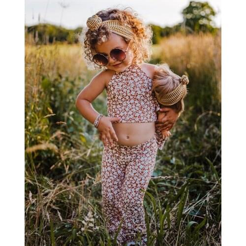 2Pcs Toddler Girl Summer Outfits, Sleeveless Floral Print Halter Crop Tops + Flare Pants Set