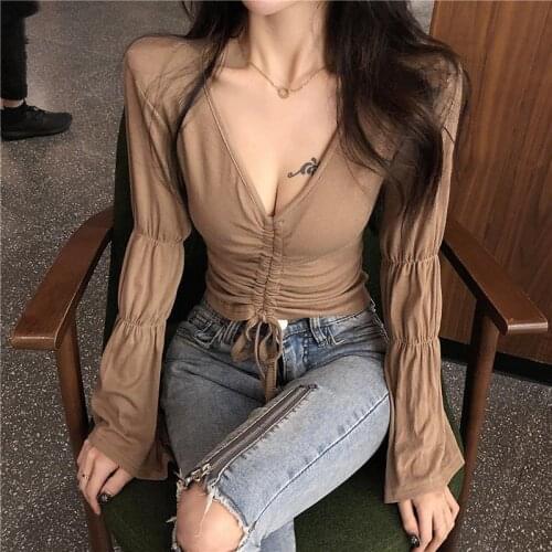LIBERJOG Women Sexy V-neck T-Shirts Stretch Slim Long Butterfly Sleeve Chic Retro Tshirt Temperament Drawstring Tops Female