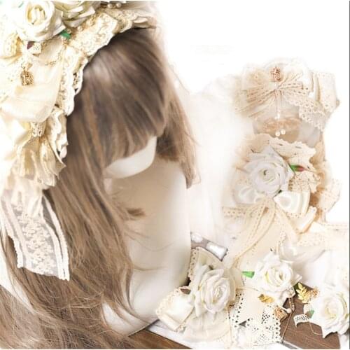 Mori Girl Vintage Beige Lolita Rose KC Hair Band Hairpin Hair Accessories Lace Bow Ribbon Hair clip Tea Party B1578