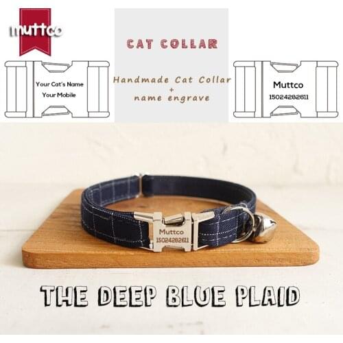 MUTTCO Retailing cool plaid collar handmade engraved metal buckle cat collar THE DEEP BLUE PLAID 2 sizes cat collar UCC021