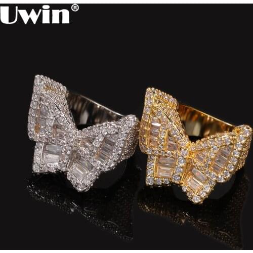 UWIN Men Hiphop Ring Baguette Cluster Square Cut Large Butterfly Shape Cubic Zirconia Gold Color Party Ring Jewelry