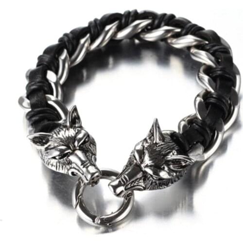 Mens Stainless Steel Double Wolf Head Leather Bracelet Trend Mens Personality Leather Titanium Steel Bracelet Mens Gifts
