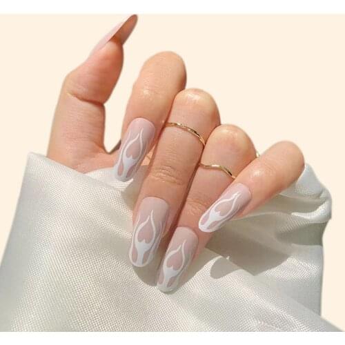 24pcs Cow Pattern False Nails White Flame Fake Nails With Glue Full Cover Coffin Nail Art Tips Nail Accessories Press On Nail