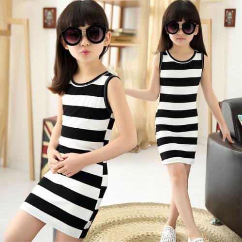 New kid children Girls' Clothing Black And White Stripes Summer Girl Dress 100% Cotton 3-14 Years Kids Vest Dresses For girls