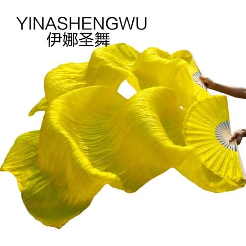 New Handmade Bamboo Ribs Dance Props Silk Belly Dance Fans Natural Silk 1 Pc Left hand+1 Pc Right Hand Dancing Silk Fans yellow
